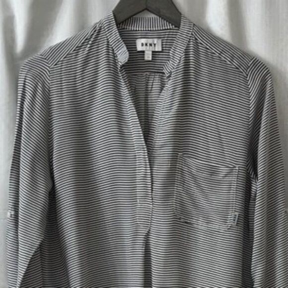 DKNY Gray & White Striped Lightweight Tunic Roll-Tab Sleeves - Picture 2 of 13